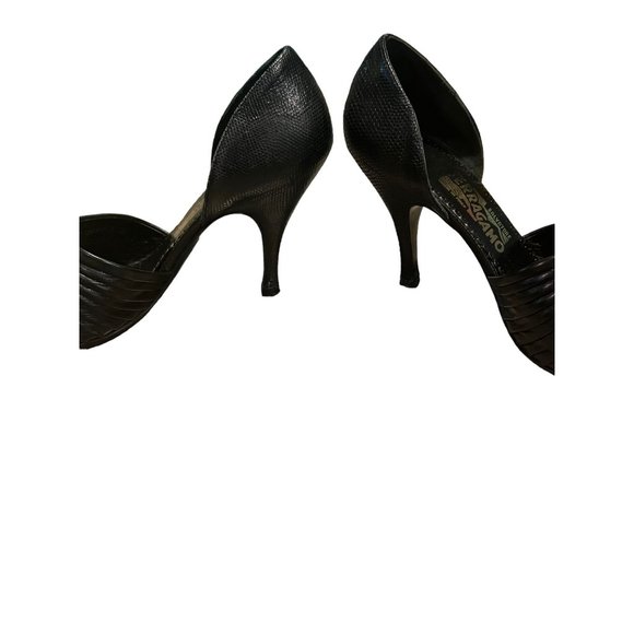 Salvatore Ferragamo D'Orsay Black Heels Pumps Open Toe Reptile Print Leather Sz - Picture 5 of 7